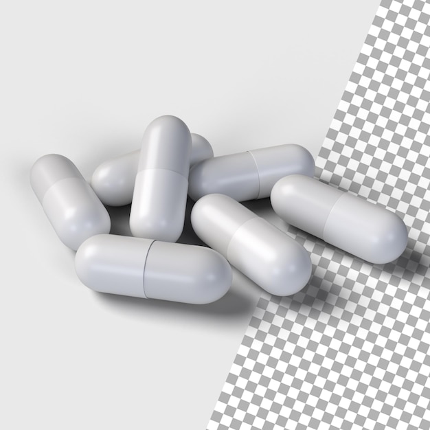 Stack de cápsulas de medicamentos PSD renderizado em 3D com fundo transparente