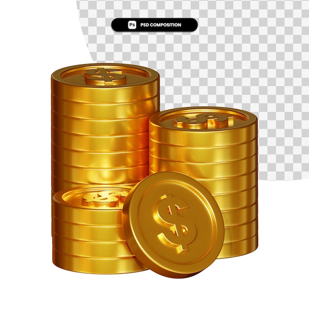 stack of golden coins in 3d rendering isolated