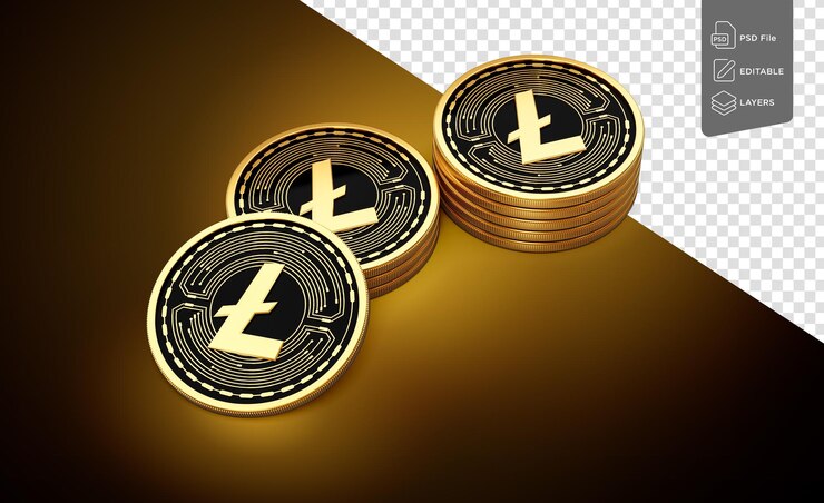 PSD stack of golden cryptocurrency litecoin ltc coins on shiny golden glow background illustrazione 3d