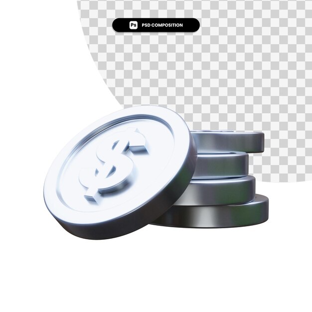 Stack of silver coins in 3d rendering isolated