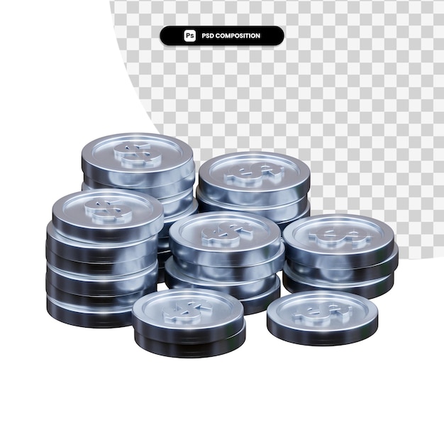 Stack of silver coins in 3d rendering isolated