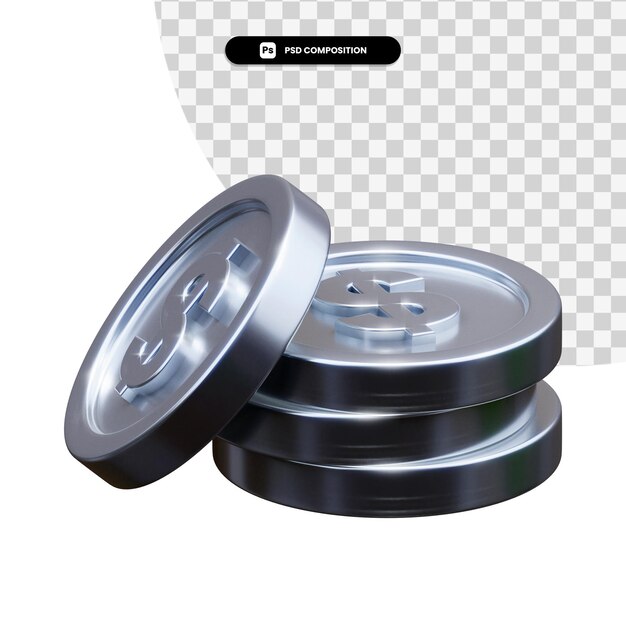 Stack of silver coins in 3d rendering isolated
