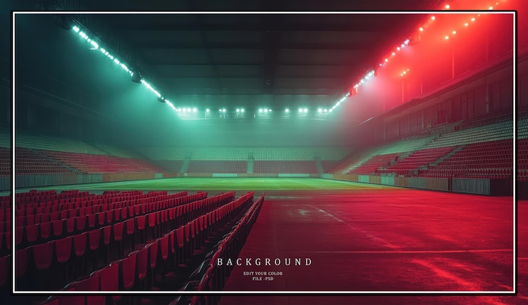 PSD stade vide avec un terrain vert et des sièges rouges sous un éclairage coloré