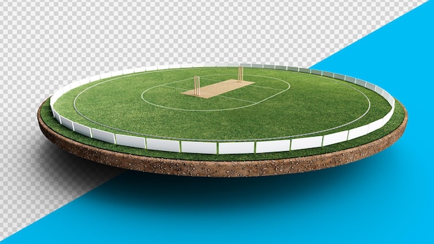 Stadio di cricket rotondo Tagliare la terra Illustrazione 3d del terreno di gioco vuoto
