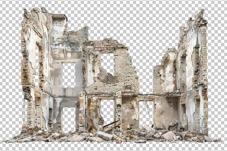 PSD stadtgebäude, das im krieg zerstört wurde, gegen einen transparenten hintergrund