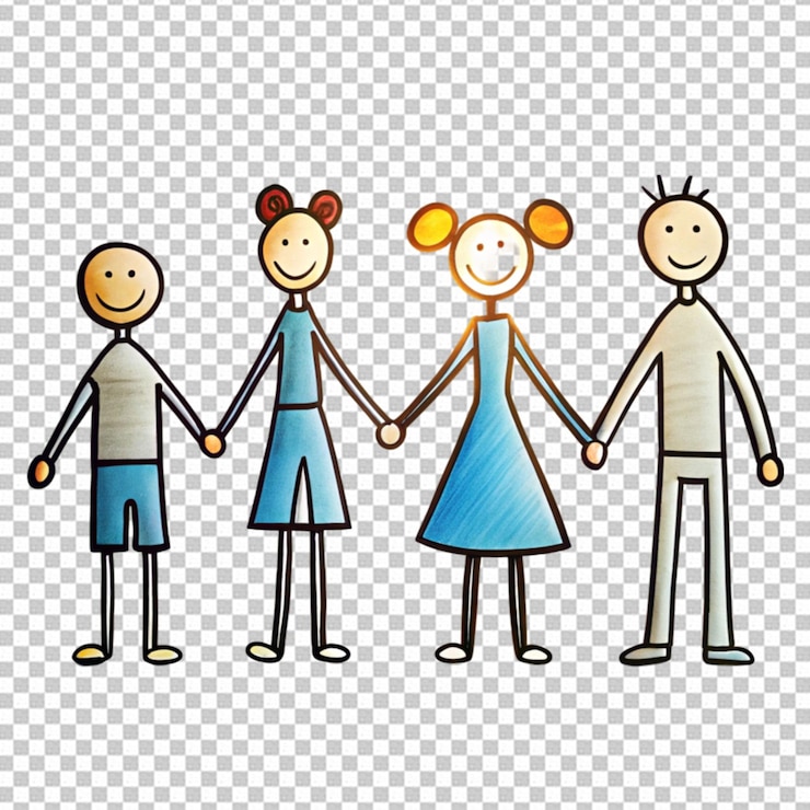 PSD stäbchenfigur familie, die sich an den händen hält gegen einen durchsichtigen hintergrund