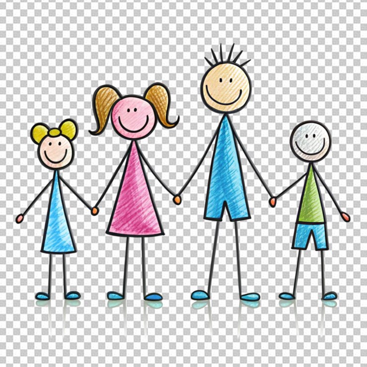 PSD stäbchenfigur familie, die sich an den händen hält gegen einen durchsichtigen hintergrund