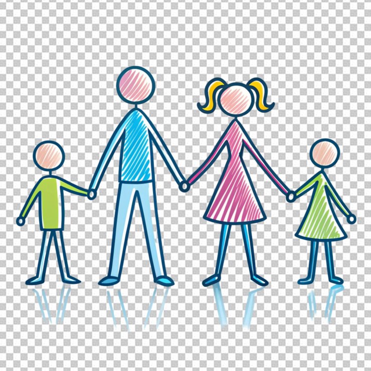 PSD stäbchenfigur familie, die sich an den händen hält gegen einen durchsichtigen hintergrund