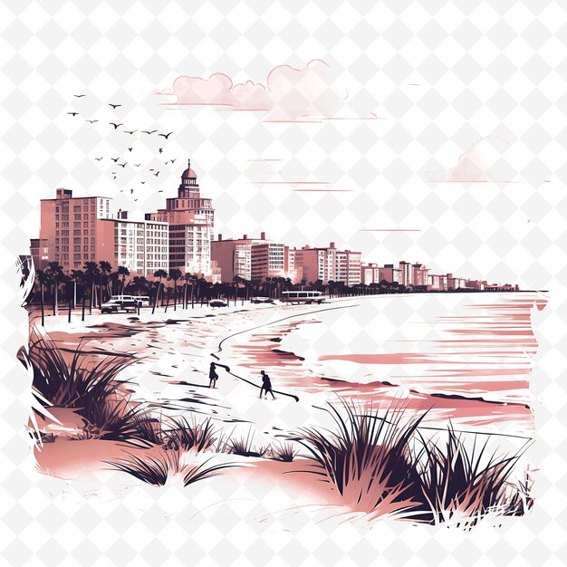 PSD stamp montevideo ville avec monochrome couleur rose paysage de plage déc minimaliste unique cadre d'art