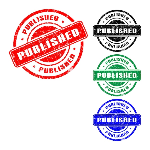 Stamp Published Icon Grunge Round Seal in rosso nero verde e blu