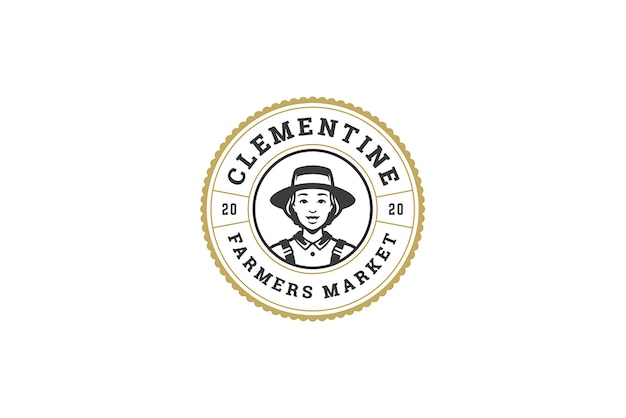 Stampa di design del logo vintage con ritratto di una contadina, sigillo a cerchio