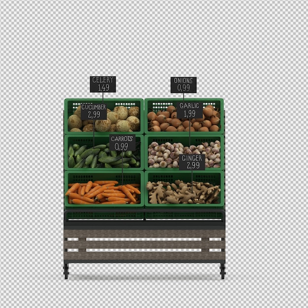 PSD stand de vegetais isométrico mercado 3d render