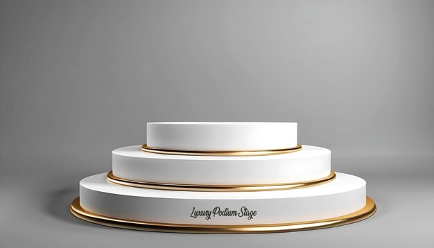 Stand de produit à piédestal 3D avec plate-forme de podium en platine à bord doré pour la présentation de produits.