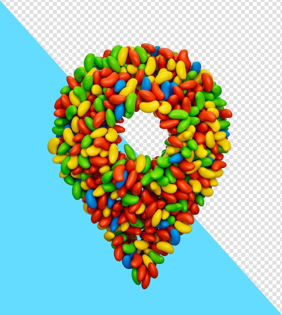 PSD standortschild pin mit bunten jellybeans 3d-illustration