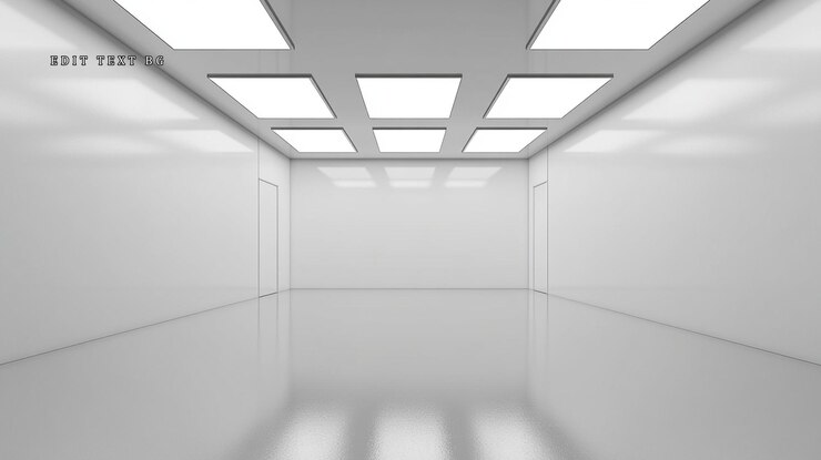 PSD stanza bianca vuota con luci luminose al soffitto e pavimento riflettente