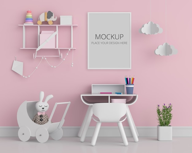 Stanza dei bambini rosa con mockup di cornice