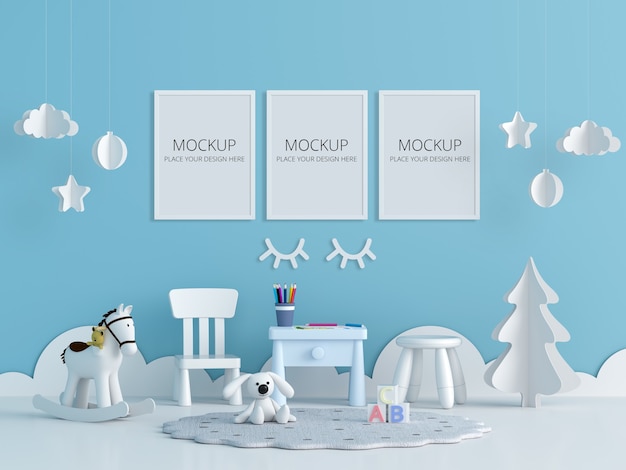 Stanza per bambini blu con mockup di cornice