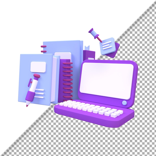 Stapel bücher mit laptop-illustrationshintergrund 3d-rendersymbol für geschäftsideenkonzept