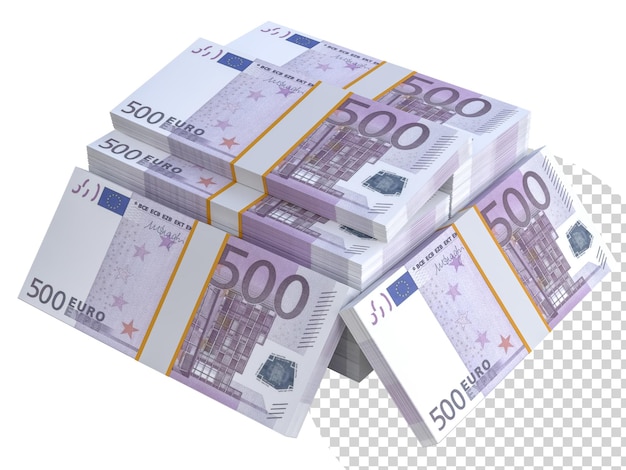 Stapel von EU-Euro-Papierwährung 3D-Euro-Geld 500 Banknoten Stapel von US-Währung isoliert auf dem Hintergrund Kreatives Geschäft Europäische Union Wirtschaftsfinanzierung Geld verdienen oder Sparen Konzept