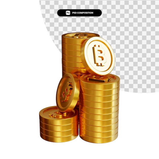 Stapel von goldmünzen bitcoin in 3d-rendering isoliert