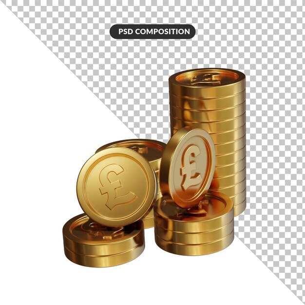 Stapel von Goldpfundmünzen3d-Darstellung isoliert