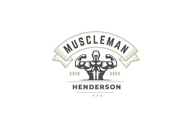 Starker, muskulöser Mann, Rückentraining, Sport, Fitness-Center, Logo-Design-Vorlage, Ort für Text