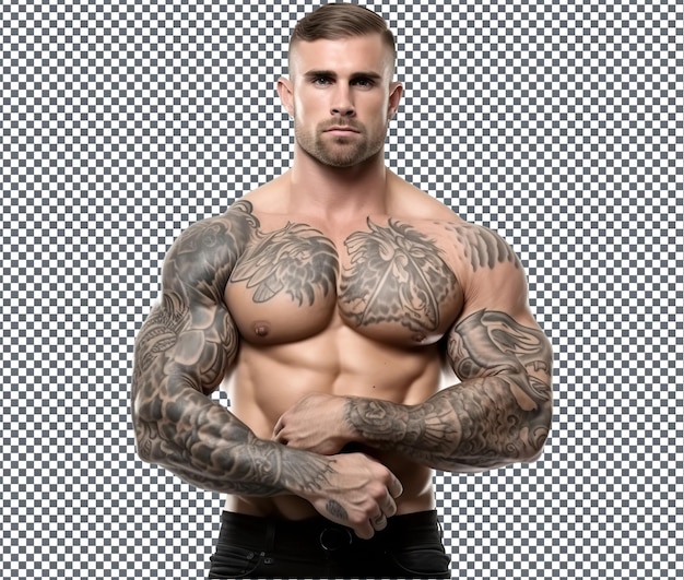 Starker, stilvoller bodybuilder mit tattoos auf durchsichtigem hintergrund