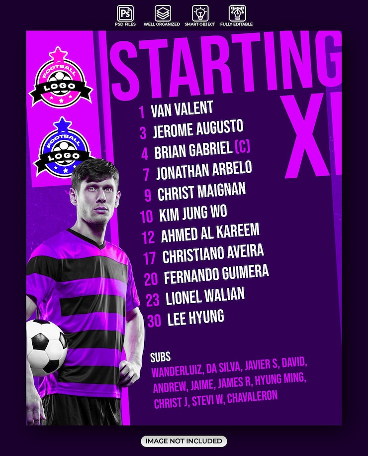PSD starting eleven football club graphic design template