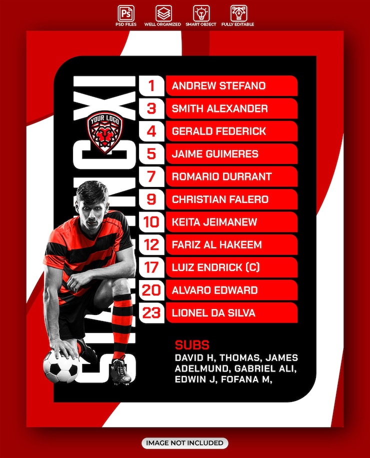PSD starting eleven football club graphic design template