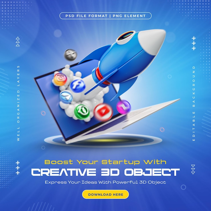 PSD startup concept per aumentare il marketing sui social media con il portatile e boost rocket
