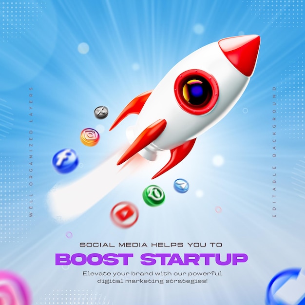 Startup Concept Rocket decola modelo de postagem de startup de negócios com logotipos de redes sociais