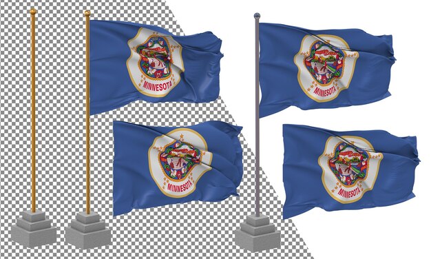State of Minnesota Flag Waving Different Style With Stand Pole Isolated 3D Rendering