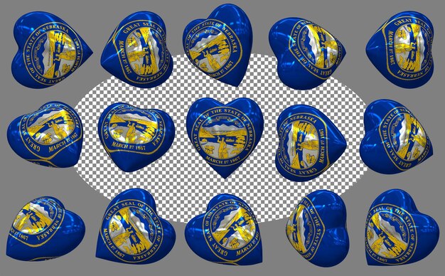 state of nebraska 3d heart flag isolated different positions 3d rendering