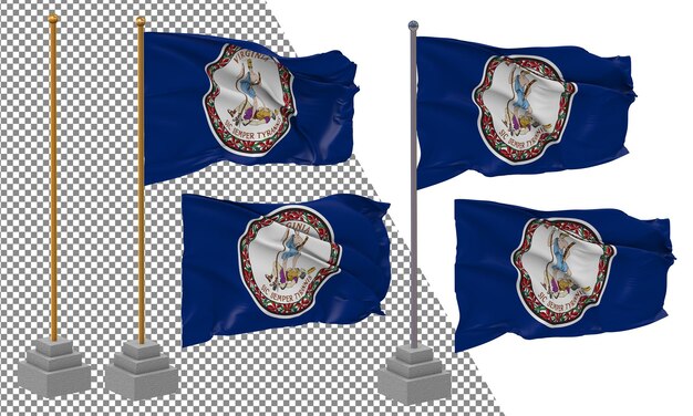 State of Virginia Flag Waving Different Style With Stand Pole Isolated 3D Rendering