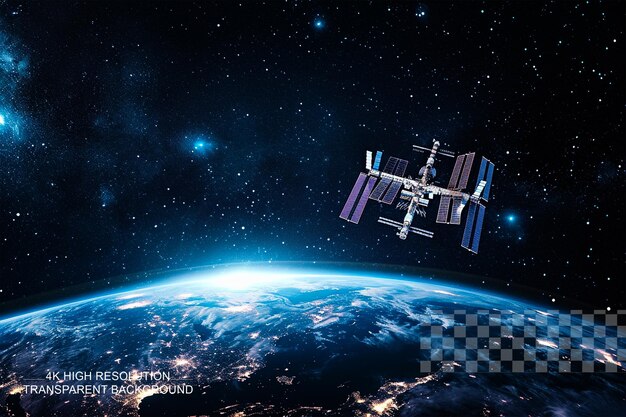 PSD une station spatiale tourne autour de la terre avec une planète bleue et des étoiles sur un fond transparent.