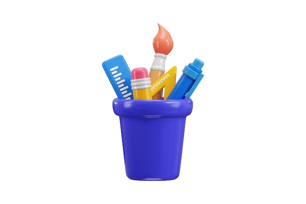 Stationery icon 3d render concept of Stationery pencils container with office supplies pencil brush