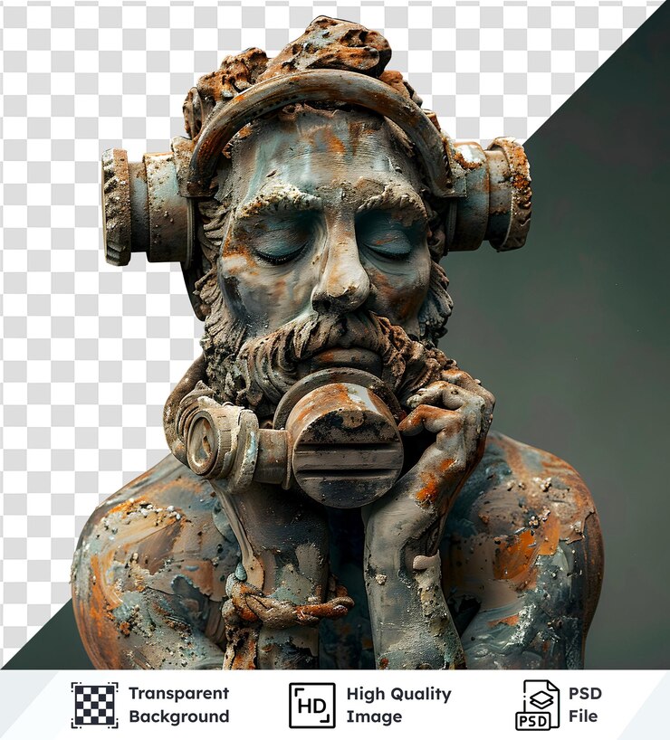 PSD statua dell'uomo arrugginito con maschera antigas sullo sfondo trasparente premium