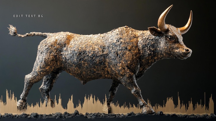 PSD statua di toro in bronzo che cammina su un grafico finanziario