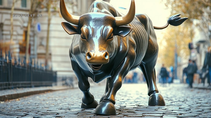 PSD statua di toro in bronzo in carica in una strada di ciottoli