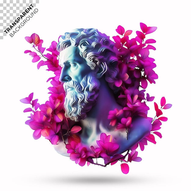 PSD statue 3d entourée de fleurs violettes