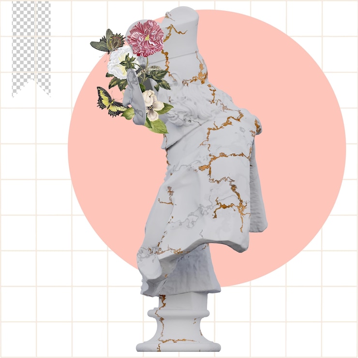 PSD statue cardinali 3d rendono collage con composizioni di petali di fiori per il tuo lavoro