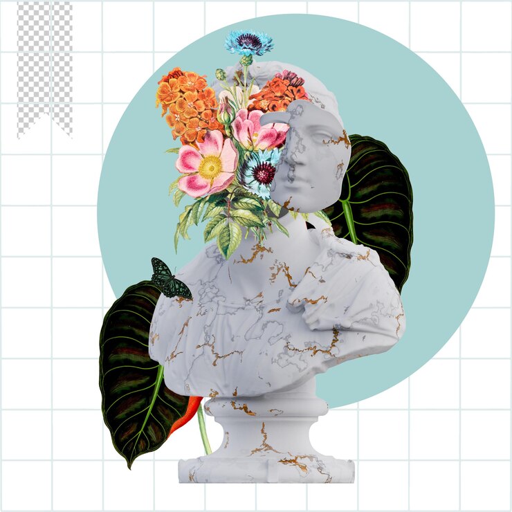 PSD statue di giovani donne 3d rende collage con petali di fiori composizioni per il vostro lavoro