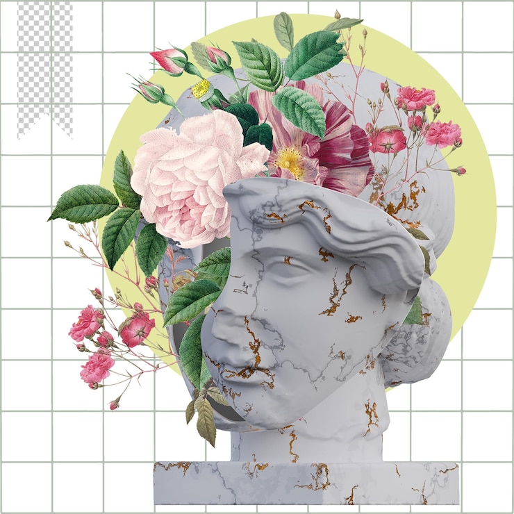 PSD statue di orfeo 3d rendono collage con composizioni di petali di fiori per il tuo lavoro