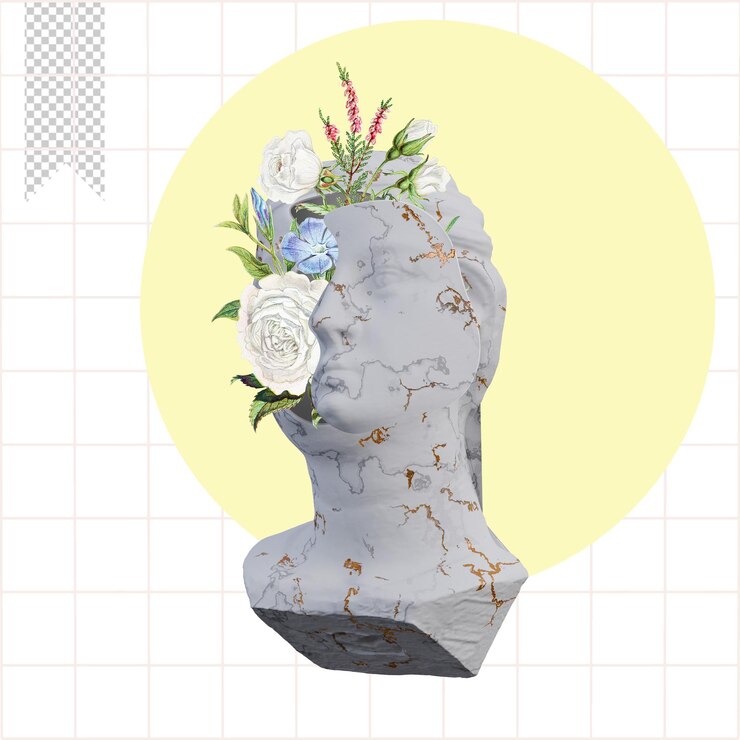 PSD statue di vergine non sagge 3d rendono collage con petali di fiori composizioni per il tuo lavoro