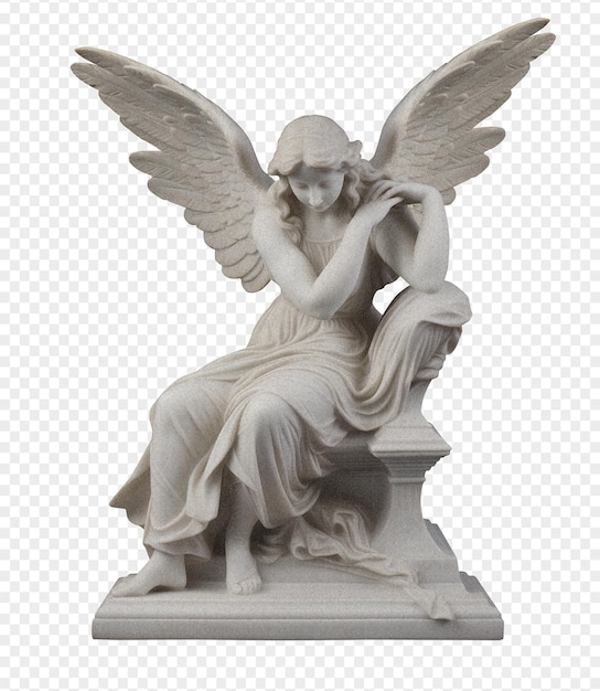PSD une statue grecque en pleine longueur d'un ange avec des ailes sur un fond transparent avec une texture granuleuse