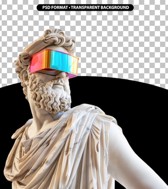 La statue grecque souriante en marbre porte des lunettes VR futuristes colorées