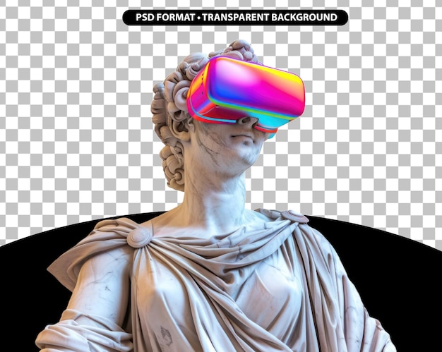 La statue grecque souriante en marbre porte des lunettes VR futuristes colorées