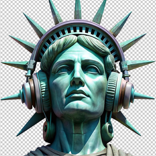 PSD la statue de la liberté portant des écouteurs sur un fond transparent