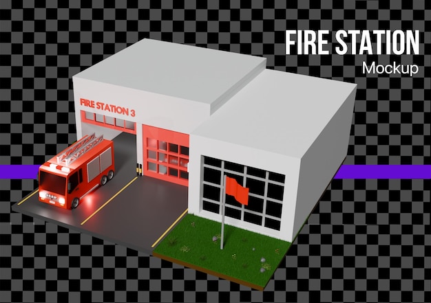 Stazione dei vigili del fuoco 3D con un modello di camion dei vigili dei fuochi