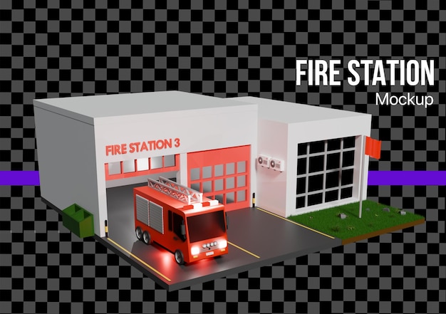 Stazione dei vigili del fuoco 3D con un modello di camion dei vigili dei fuochi